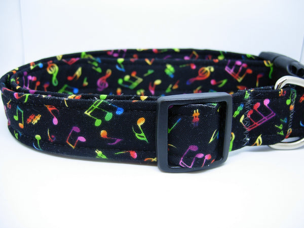 Jazz Music Dog Collar / Neon Musical Notes on Black / Matching Dog Bow tie