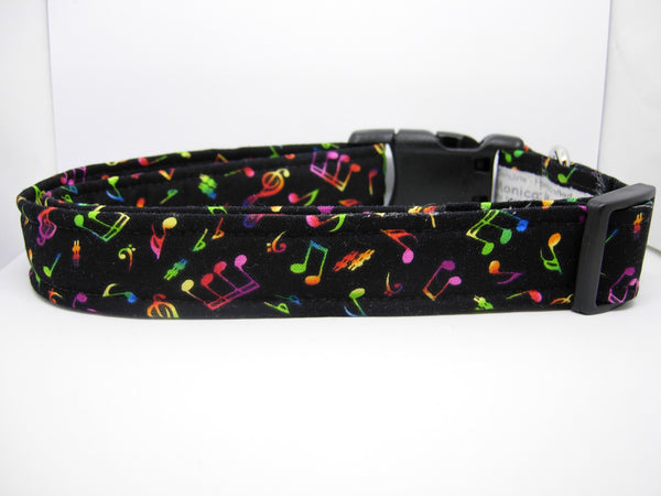 Jazz Music Dog Collar / Neon Musical Notes on Black / Matching Dog Bow tie