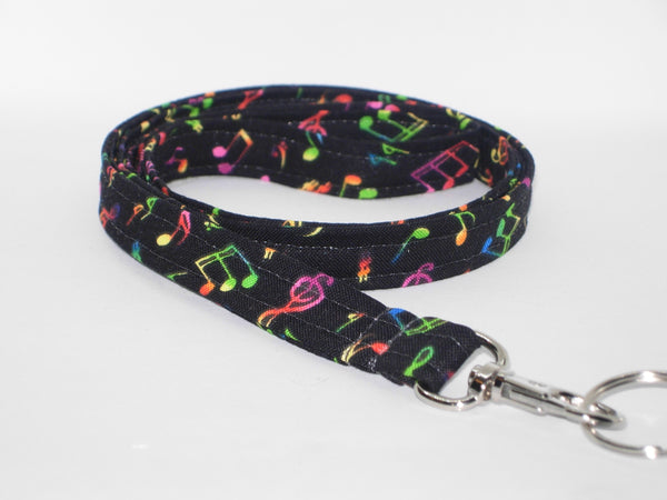 Music Lanyard / Neon Musical Notes on Black / Musician Key Chain, Key Fob, Cell Phone Wristlet
