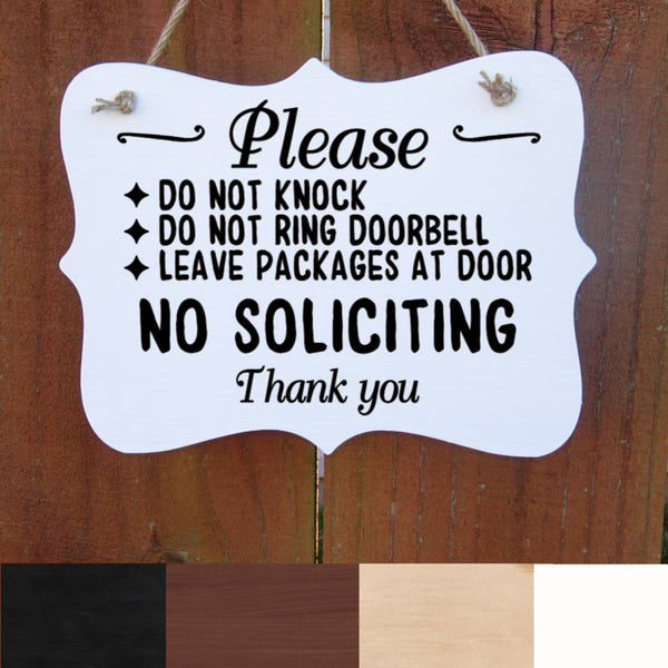 No Soliciting Sign, Do Not Knock or Ring Doorbell, Do not Disturb Sign, Wood Sign for Front Door, Door Hanger, Leave Packages at Door