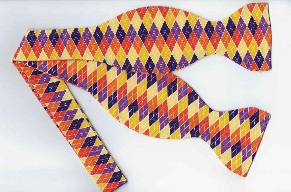 Trendy Autumn Argyle Bow tie / Orange, Yellow & Purple / Self-tie & Pre-tied Bow tie