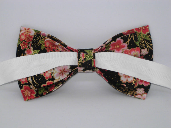 Japanese Floral Bow tie / Oriental Pink Flowers / Metallic Gold / Self-tie & Pre-tied Bow tie