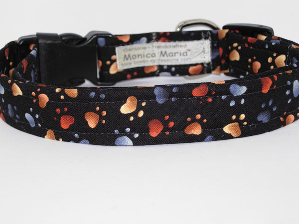 Puppy Paws Dog Collar / Colorful Dog Prints on Black / Matching Dog Bow tie