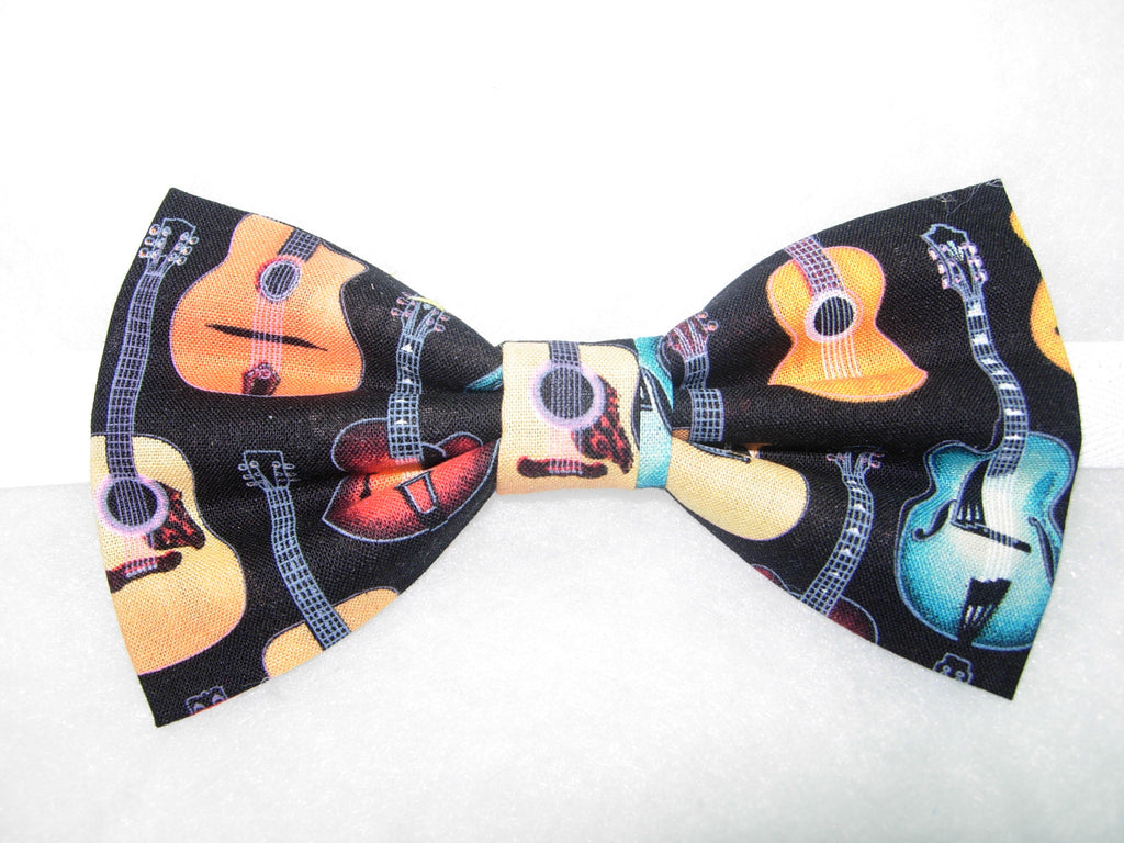 Musician Bow tie / Colorful Acoustic Guitars on Black / Pre-tied Bow tie