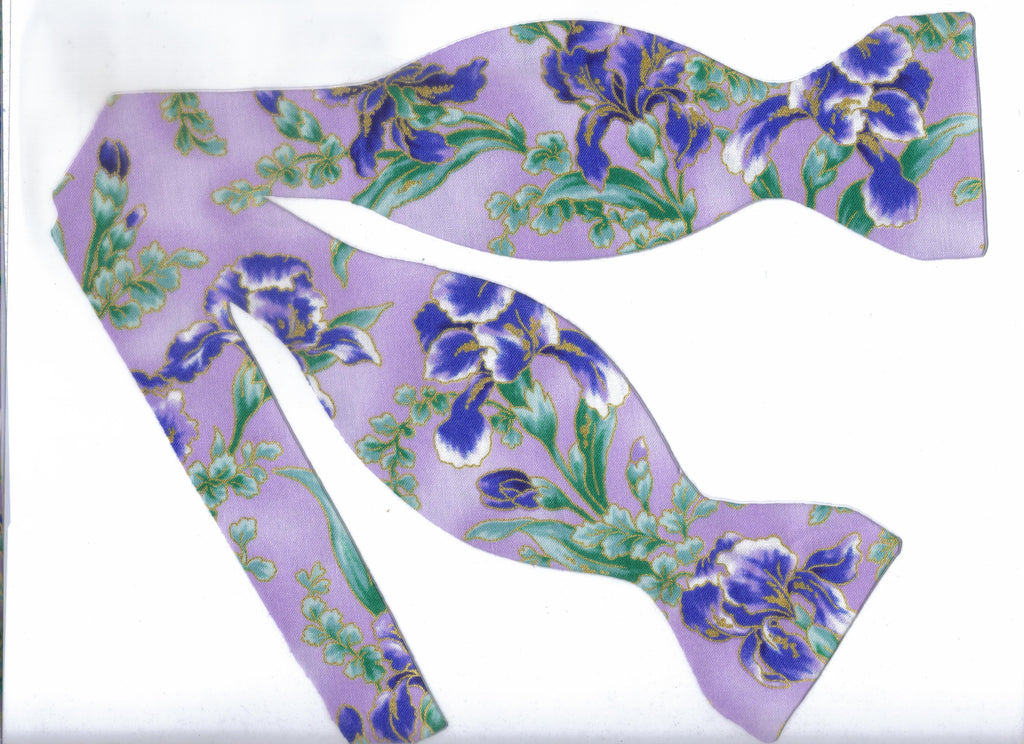 Lavender Bow Tie / Purple Flowers with Sage Green Leaves / Metallic Gold / Self-tie & Pre-tied Bow tie