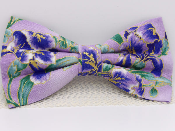 Lavender Bow Tie / Purple Flowers with Sage Green Leaves / Metallic Gold / Pre-tied Bow tie