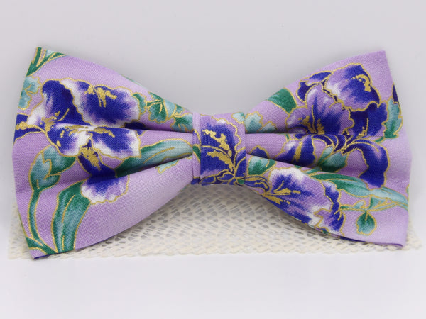 Lavender Bow Tie / Purple Flowers with Sage Green Leaves / Metallic Gold / Pre-tied Bow tie