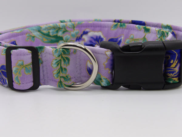 Purple & Gold Dog Collar / Purple Flowers with Mint Green Leaves / Metallic Gold / Matching Dog Bow tie