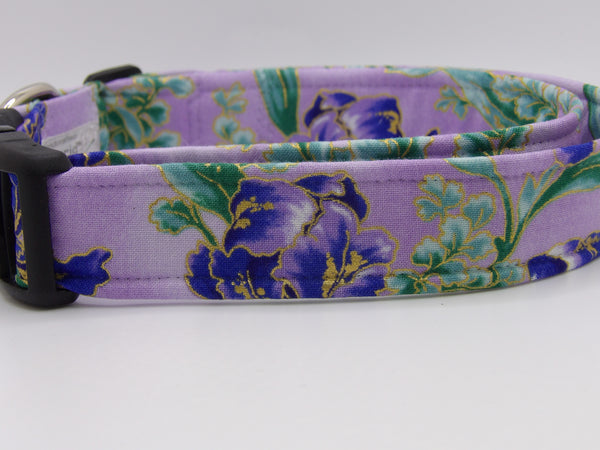 Purple & Gold Dog Collar / Purple Flowers with Mint Green Leaves / Metallic Gold / Matching Dog Bow tie