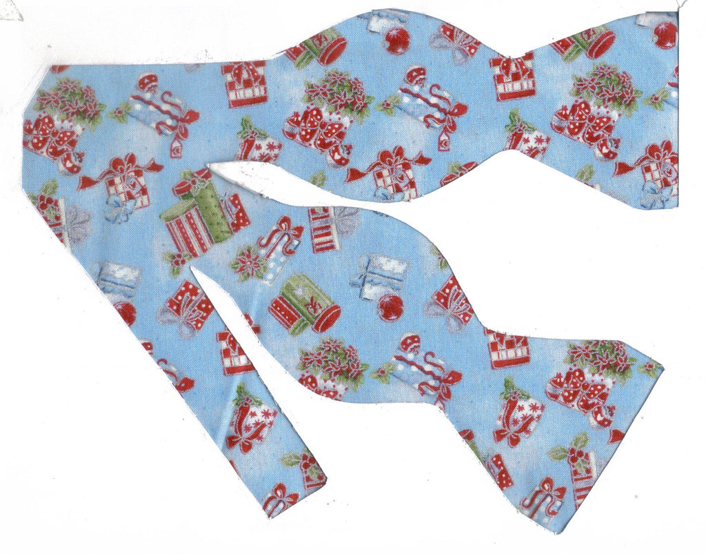 Christmas Bow tie / Red & Green Christmas Gifts on Light Blue / Self-tie & Pre-tied Bow tie - Bow Tie Expressions