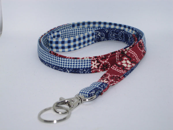 Country Western Lanyard / Red & Blue Patchwork / Bandana Key Chain, Key Fob, Cell Phone Wristlet - Bow Tie Expressions