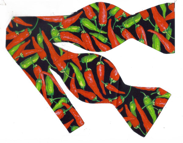 Chili Pepper Bow tie / Red & Green Spicy Hot Peppers on Black / Self-tie & Pre-tied Bow tie - Bow Tie Expressions
