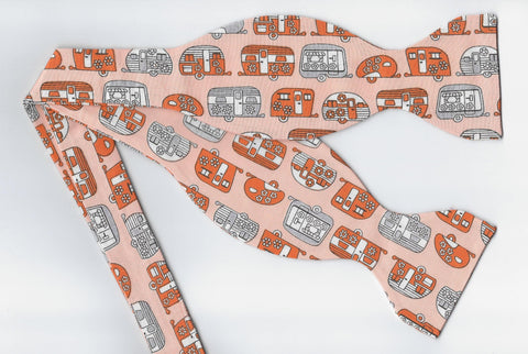 Happy Camper Bow tie / Retro Travel Campers on Orange / Self-tie & Pre-tied Bow tie
