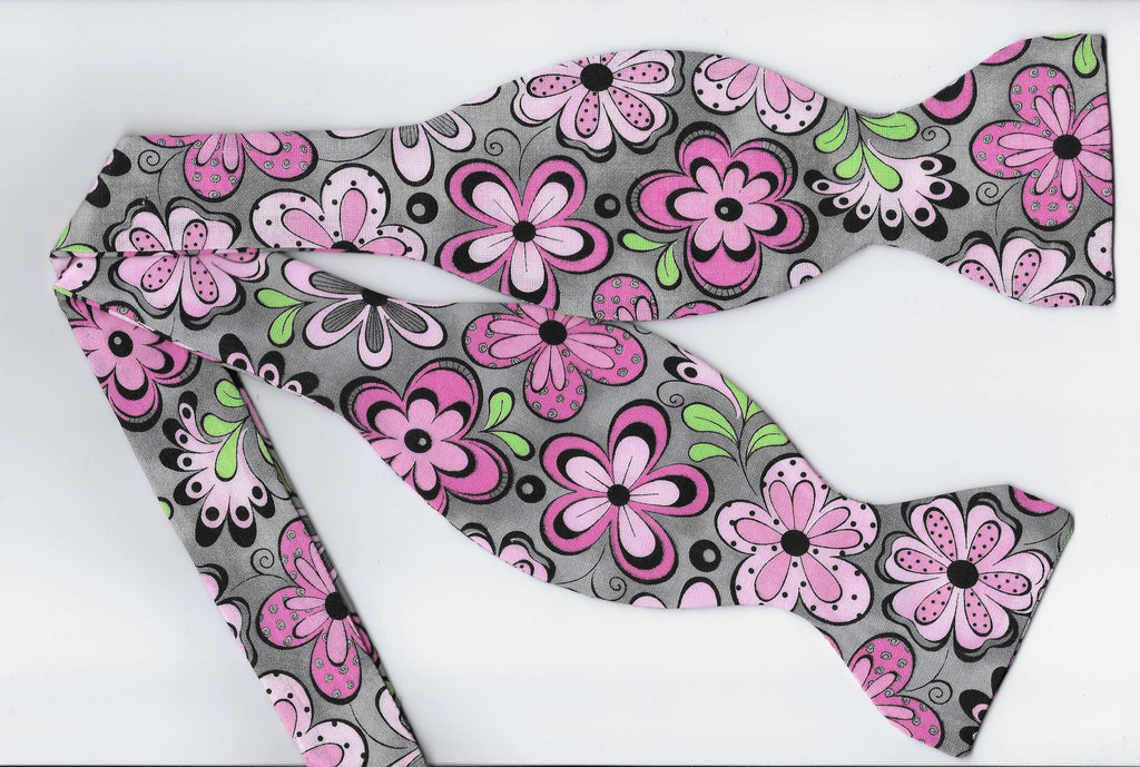 Flower Power Bow tie / Pink Retro Flowers on Gray / Self-tie & Pre-tied Bow tie - Bow Tie Expressions