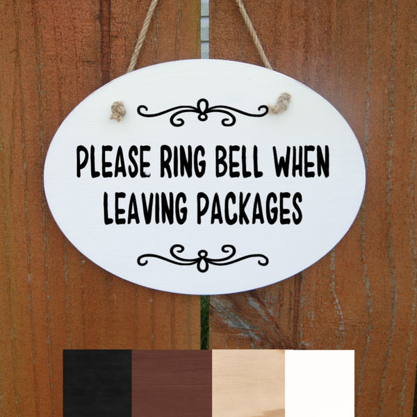 Front Door Sign, Ring Bell When Leaving Packages, Rustic Flourish, Wood Sign for Package Delivery, UPS, USPS, Fedex, Doorbell Sign