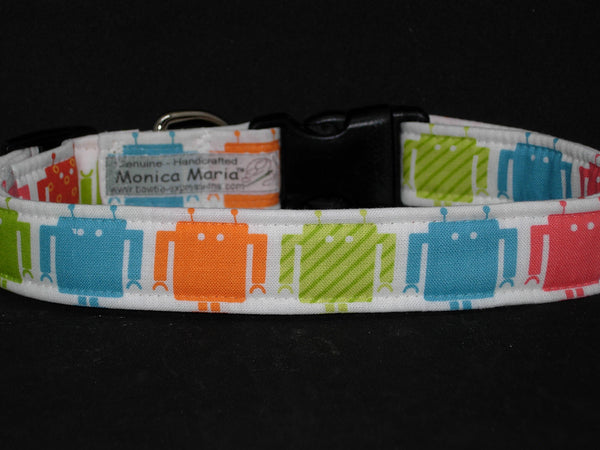 Video Game Dog Collar / Colorful Robots on White / Matching Dog Bow tie