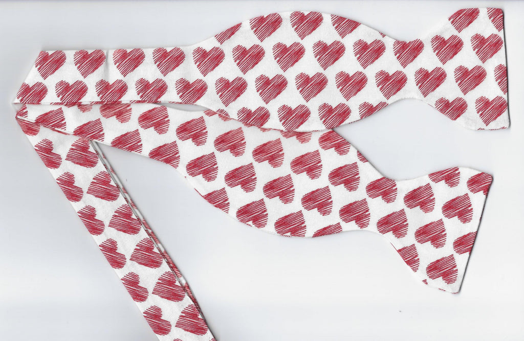 Scribbled Valentine Hearts Bow tie / Red Hearts on White / Self-tie & Pre-tied Bow tie