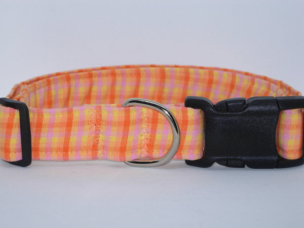 Sunshine Plaid Dog Collar / Orange, Yellow & Pink Plaid / Matching Dog Bow tie