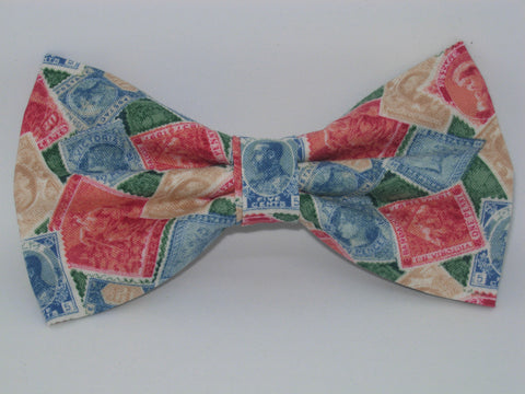 Stamp Collector Bow Tie / Red, Green, Blue, Vintage Postage Stamps / Pre-tied Bow tie