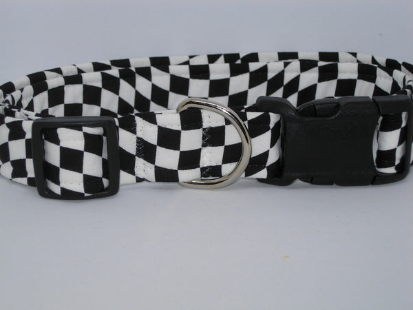 Racing Dog Collar / Black & White Wavy Checks / Winner's Flag / Matching Dog Bow tie